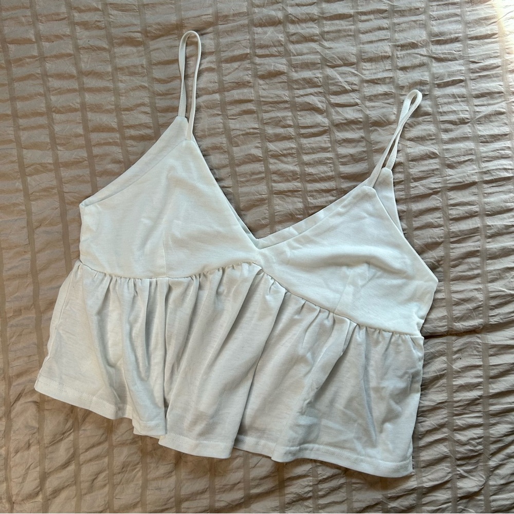 White V-Neck Ruffled Spaghetti Strap Tank Top - Picture 2 of 4